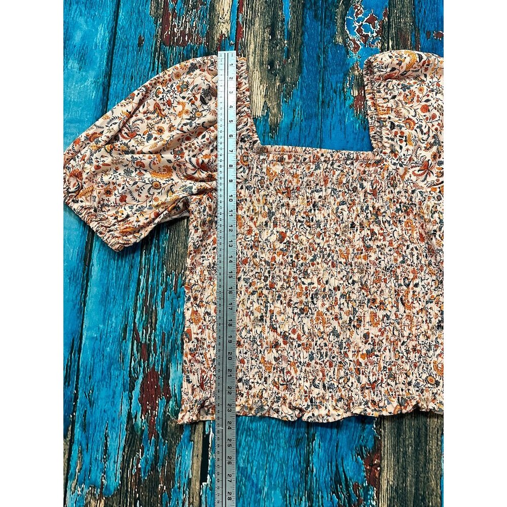 Shirts/NWT Old Navy Peach Floral Smocked Puff Sleeve Peplum Square Neckline XL - Picture 7 of 12